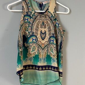Renee C. Paisley Sleeveless Blouse - Teal and Cream